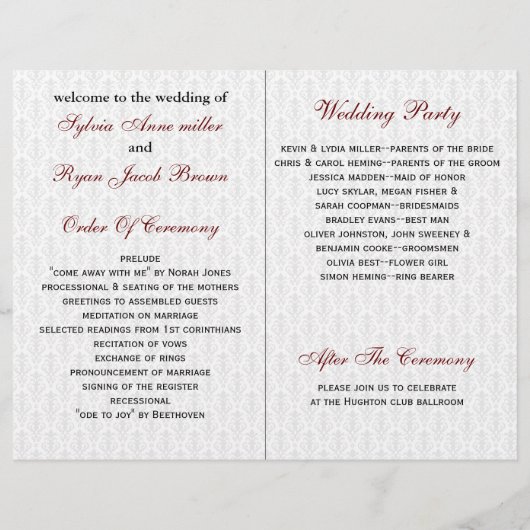 damask Vegas red folded Wedding Programme (Achterkant)