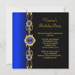 Damask Verjaardagsfeestje Colbalt Blauw Goud Zwart Kaart