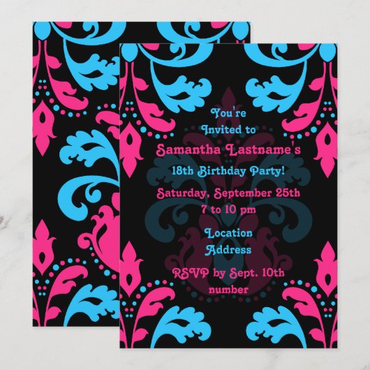 Damask verjaardagsfeestje kaart (Voorkant / Achterkant)