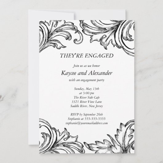 Damask Verloving Invitations Black Kaart (Voorkant)