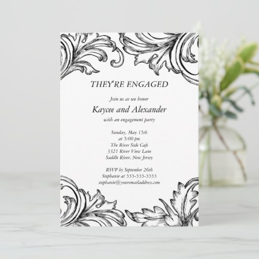  Damask Verloving Invitations Black Kaart (Staand voorkant)