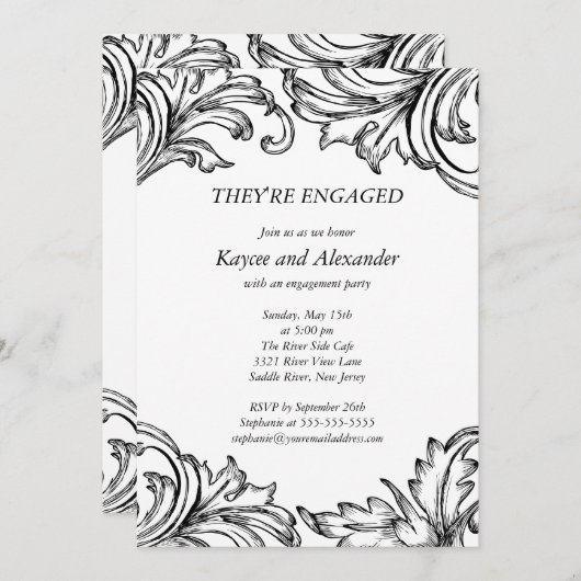 Damask Verloving Invitations Black Kaart (Voorkant / Achterkant)