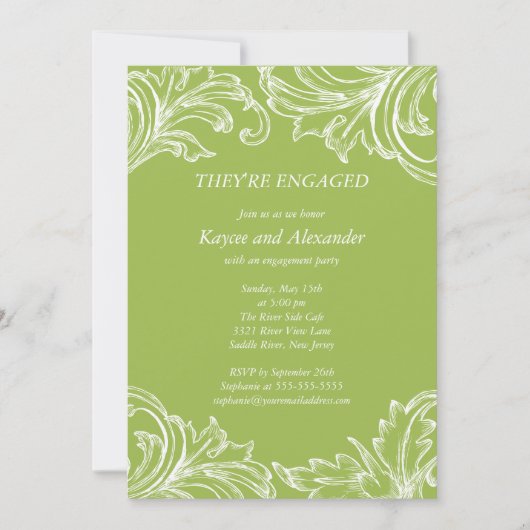  Damask Verloving Invitations Green Kaart (Voorkant)