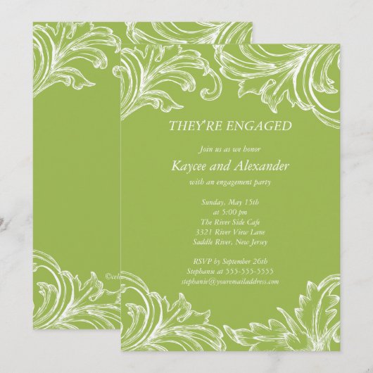  Damask Verloving Invitations Green Kaart (Voorkant / Achterkant)