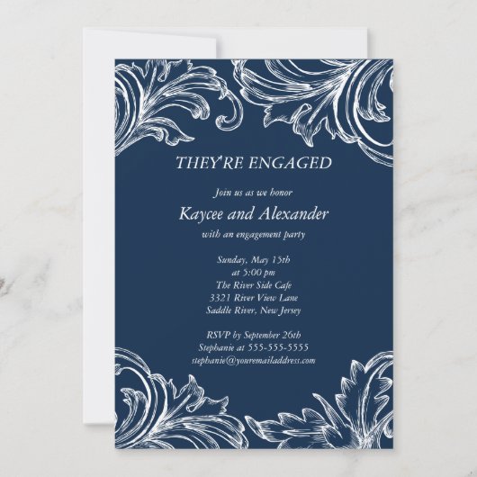  Damask Verloving Invitations Navy Blue Kaart (Voorkant)