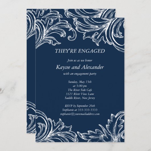 Damask Verloving Invitations Navy Blue Kaart (Voorkant / Achterkant)