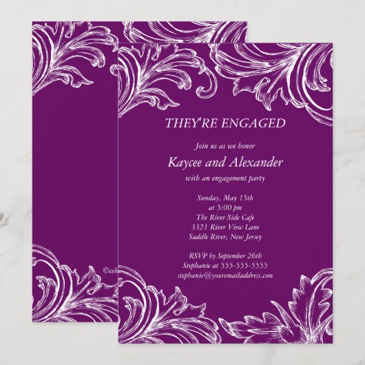 Damask Verloving Uitnodigingen Paars (Voorkant / Achterkant)