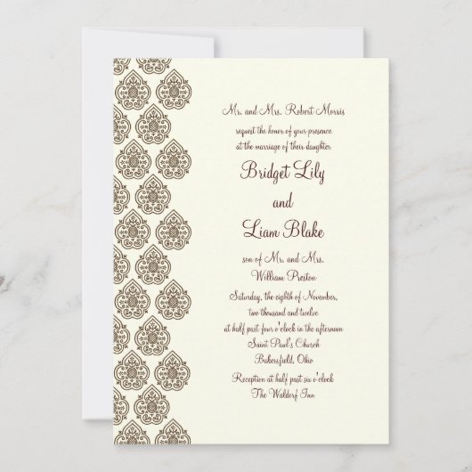 Damask Vintage Wedding Invitation (bruin) Kaart (Voorkant)