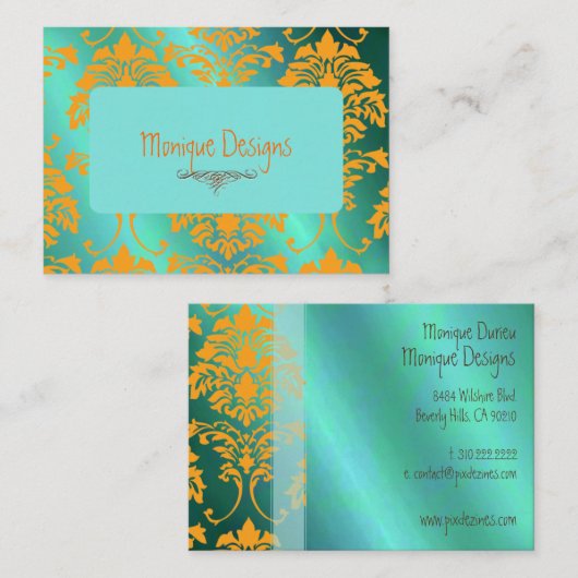 Damask visitekaartje aqua en sinaasappel (Voorkant / Achterkant)