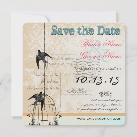 Damask Vogelkooi Trouw Save the Date Roze Groen (Voorkant)