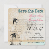 Damask Vogelkooi Trouwen Save the Date Roze Groen (Voorkant)