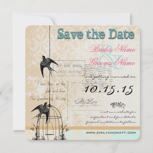 Damask Vogelkooi Trouwen Save the Date Roze Groen (Voorkant)