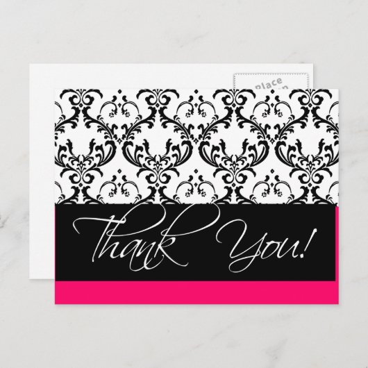Damask Wedding Bedankt Briefkaarten Roze (Voorkant / Achterkant)