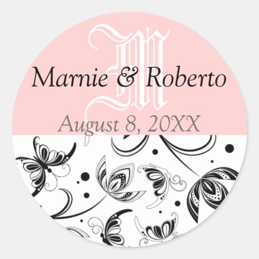 Damask Wedding Bride Groom Names Date Monogram Ronde Sticker (Voorkant)