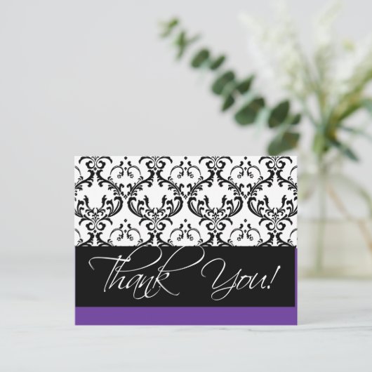 Damask Wedding Dank u Briefkaarten Paarse (Staand voorkant)