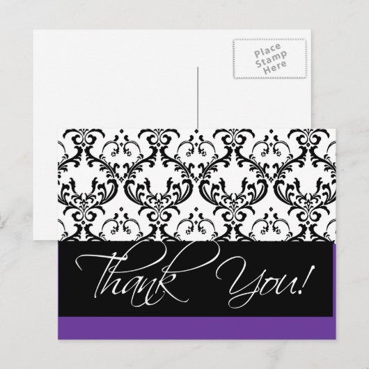 Damask Wedding Dank u Briefkaarten Paarse (Voorkant / Achterkant)