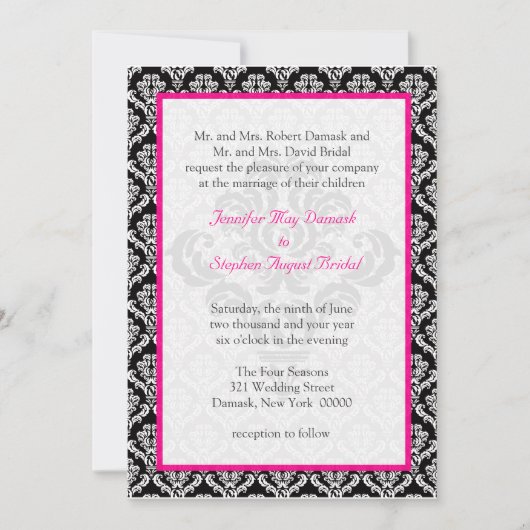 Damask Wedding Elegant Sjabloon Black White Pink Kaart (Voorkant)