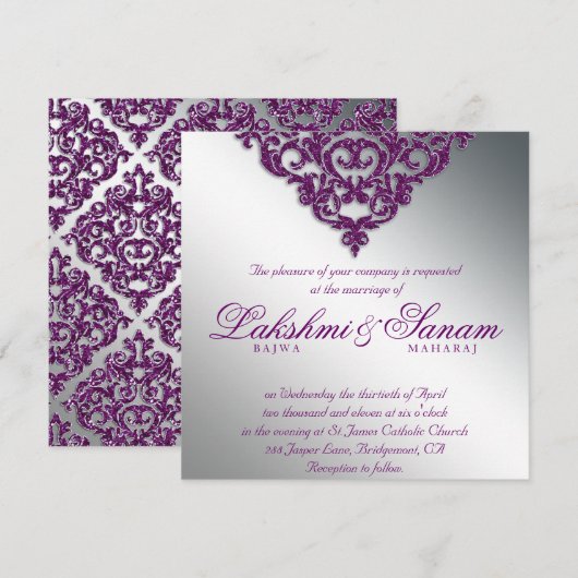Damask Wedding Glitter Silver Paars Bright Kaart (Voorkant / Achterkant)