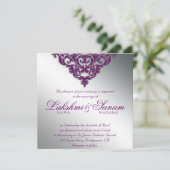 Damask Wedding Glitter Silver Paars Bright Kaart (Staand voorkant)