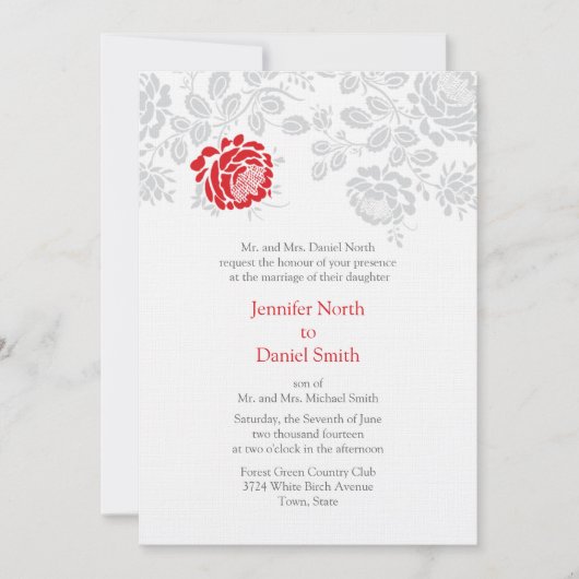 Damask Wedding Inviations Red en Grey Kaart (Voorkant)
