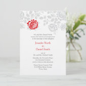 Damask Wedding Inviations Red en Grey Kaart (Staand voorkant)