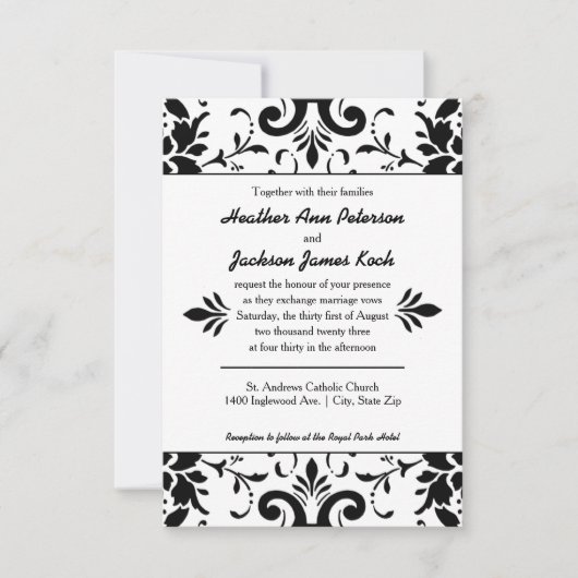 Damask Wedding Invitation 3x5 Black en White Kaart (Voorkant)