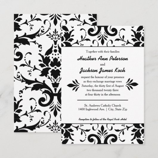 Damask Wedding Invitation 3x5 Black en White Kaart (Voorkant / Achterkant)