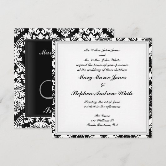Damask Wedding Invitation Black and White Kaart (Voorkant / Achterkant)
