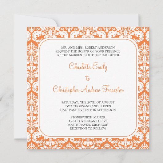 Damask Wedding Invitation Coral Roos Kaart (Voorkant)