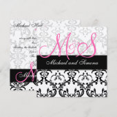 Damask Wedding Invitation Initialen Names Pink Kaart (Voorkant / Achterkant)