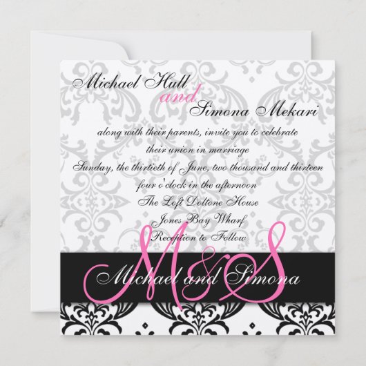 Damask Wedding Invitation Initialen Names Pink Kaart (Achterkant)