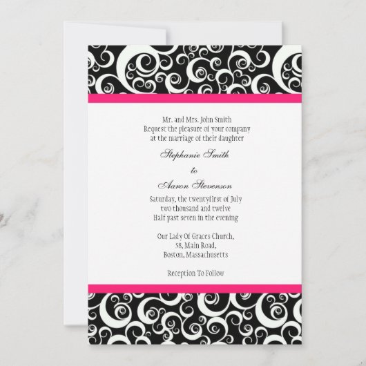 Damask Wedding Invitation met Hot Pink Kaart (Voorkant)