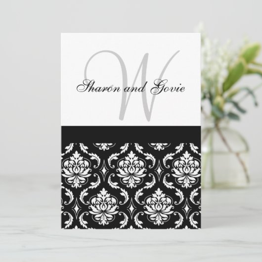 Damask Wedding Invitation Monogram & Names Back Kaart (Staand voorkant)