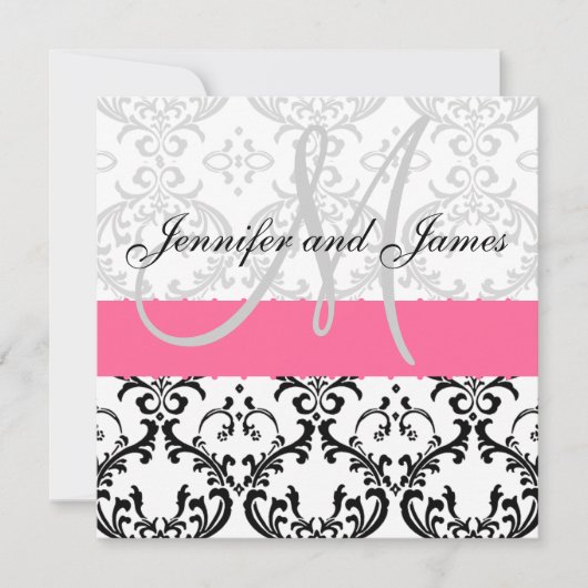 Damask Wedding Invitation Monogram Pink Kaart (Voorkant)