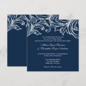  Damask Wedding Invitation Navy Blue White Kaart (Voorkant / Achterkant)