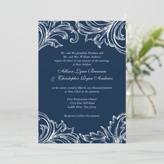 Damask Wedding Invitation Navy Blue White Kaart (Staand voorkant)