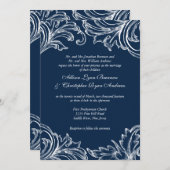  Damask Wedding Invitation Navy Blue White Kaart (Voorkant / Achterkant)