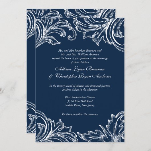 Damask Wedding Invitation Navy Blue White Kaart (Voorkant / Achterkant)