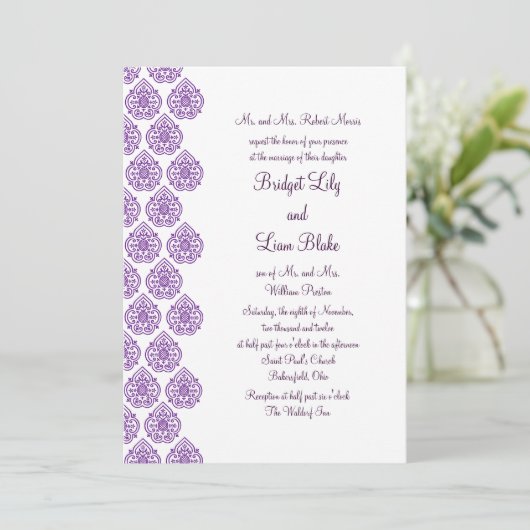 Damask Wedding Invitation (paars) Kaart (Staand voorkant)