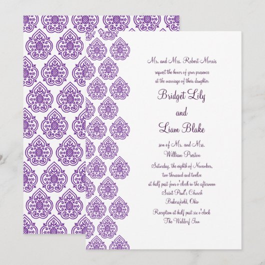 Damask Wedding Invitation (paars) Kaart (Voorkant / Achterkant)