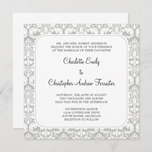 Damask Wedding Invitation Silver Cloud Kaart (Voorkant / Achterkant)