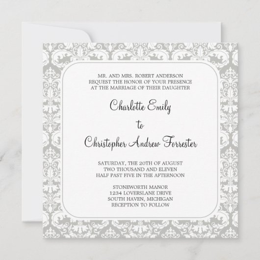 Damask Wedding Invitation Silver Cloud Kaart (Voorkant)