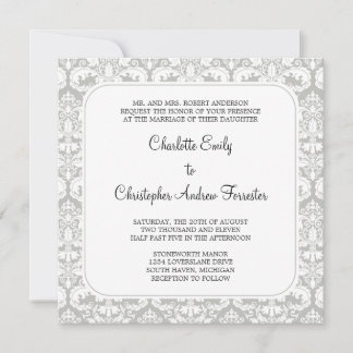 Damask Wedding Invitation Silver Cloud Kaart