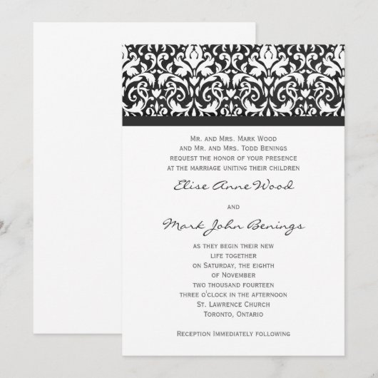 Damask Wedding Invitation Sjabloon Kaart (Voorkant / Achterkant)
