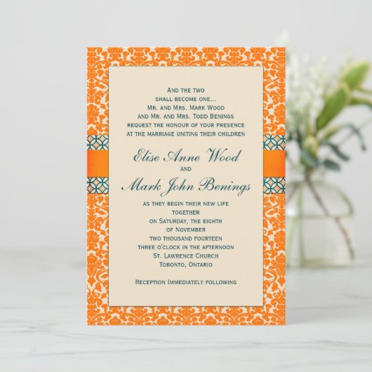 Damask Wedding Invitation Sjabloon Kaart (Staand voorkant)