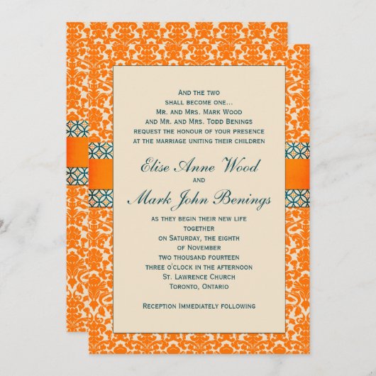 Damask Wedding Invitation Sjabloon Kaart (Voorkant / Achterkant)