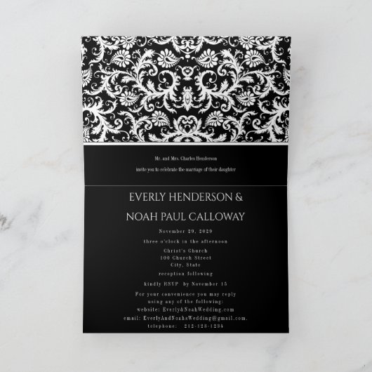 Damask Wedding Invitation - Zwart-wit (Binnen)