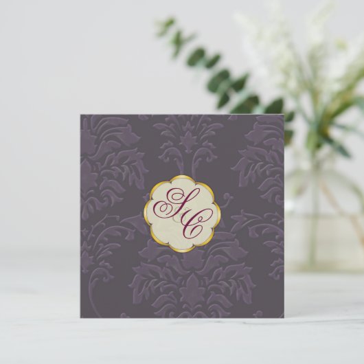 Damask Wedding Invitations, eggplant Kaart (Staand voorkant)