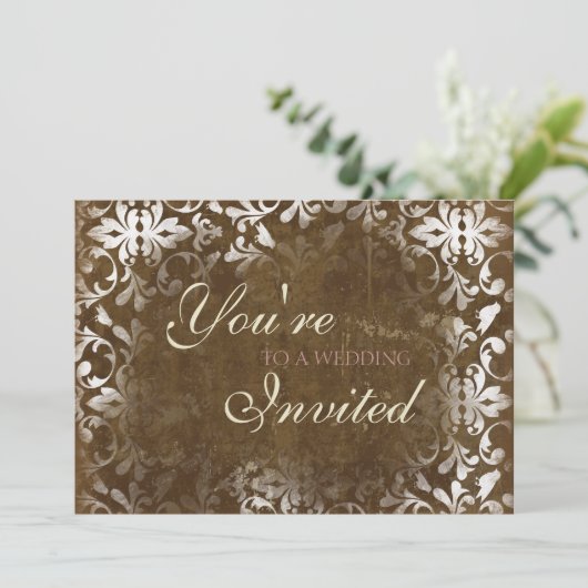  Damask Wedding Invitations Espresso Kaart (Staand voorkant)