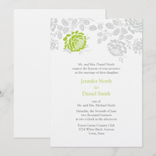 Damask Wedding Invitations Limoen en Grey Kaart (Voorkant / Achterkant)